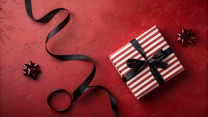 Elegant gift box with black ribbon on a textured red background