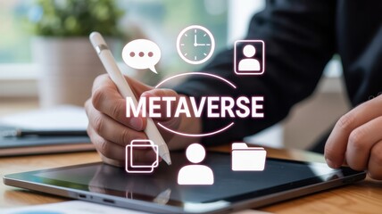 Naklejka premium Business professional interacts with digital interface representing virtual reality concepts on a tablet