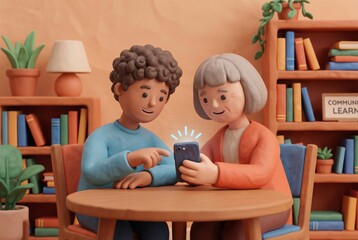 Clay art depicting a teen teaching a senior to use a smartphone at a library table, highlighting diverse generational connections.