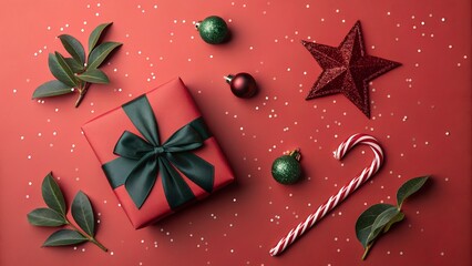 Festive christmas gift with ornaments and candy cane on red background