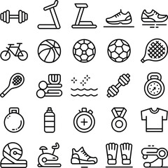 Fitness and Sports Equipment Icons Set Outline dumbbell