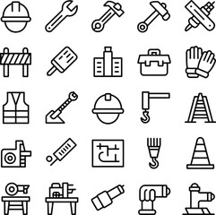Industrial and Construction Icon Set Keywords: hard hat, helmet, wrench, hammer, tool