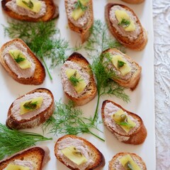 (AI generated image) A close-up photograph of delicious canap&eacute;s served on a white platter. Each toasted bread slice is topped with a smooth tuna mousse, a slice of potato, a caper, and fresh dill.