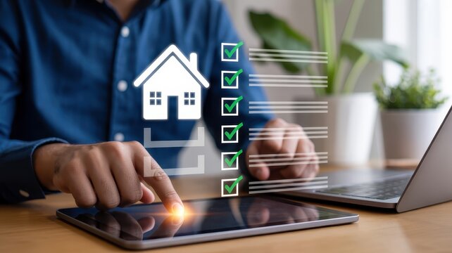 Person interacts with digital checklist and home icon on a tablet device