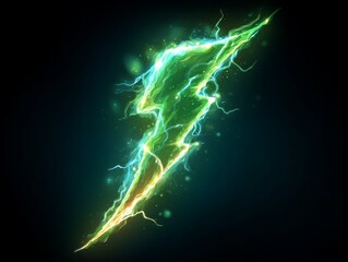 Electrical Green Lightning Bolt Effect on Dark Background with Glowing Particles and Light Streaks for Energy and Power Concepts