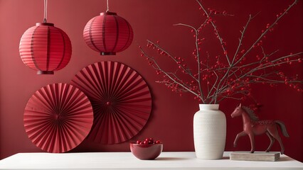Festive red decorations for lunar new year celebration with lanterns and paper fans