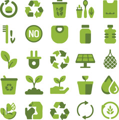 Sustainable Living Icons In Green Tones Keywords: eco, ecology, environment, green, nature