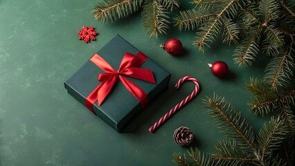 Festive christmas gift with red ribbon on green background with decorations