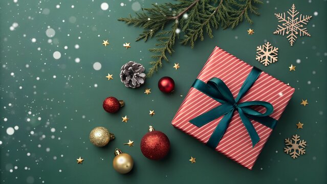 Festive christmas gift with ornaments and snowflakes on green background
