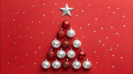 Christmas tree made of ornaments on a red background with confetti stars