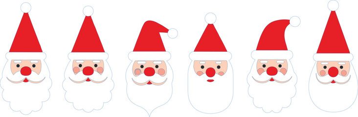 Six cartoon Santa Claus faces with red hats and white beards in a row Christmas holiday