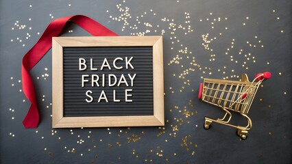 Black friday sale announcement with shopping cart and red ribbon