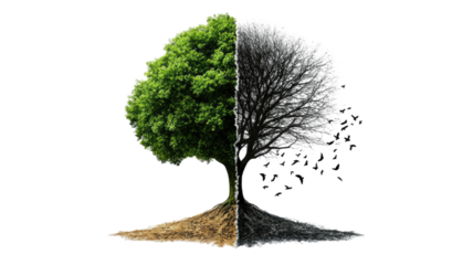 Vibrant tree showing autumn and spring seasons together with contrasting colored foliage displayed in clear seasonal transition view isolated on white background