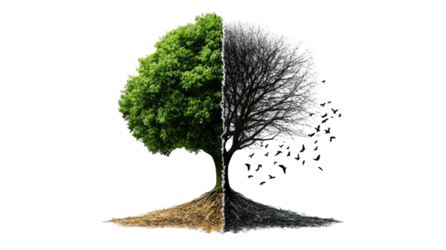 Vibrant tree showing autumn and spring seasons together with contrasting colored foliage displayed in clear seasonal transition view isolated on white background