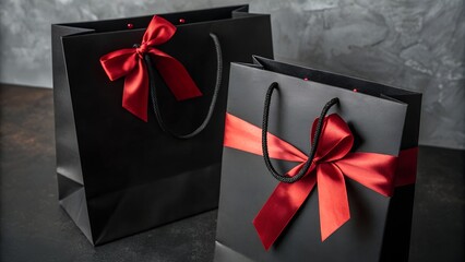 Elegant black shopping bags with red ribbons for special occasions