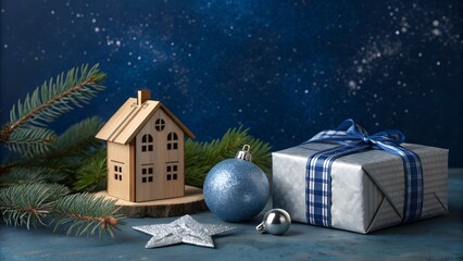 Christmas still life with wooden house gift box and decorations on dark background