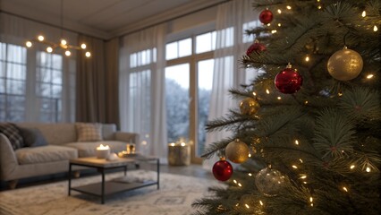 Cozy christmas living room with decorated tree and natural light