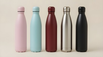 This image showcases a stylish lineup of five stainless steel insulated water bottles, perfectly arranged against a vibrant orange background. Each bottle features a sleek matte or metallic finish.