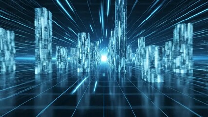 Abstract futuristic digital city with glowing blue light trails and data structures, symbolizing technology and connection - Powered by Adobe