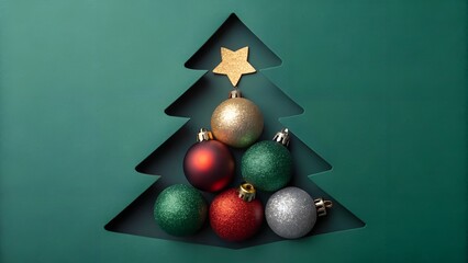 Festive christmas tree silhouette with colorful ornaments on a green background