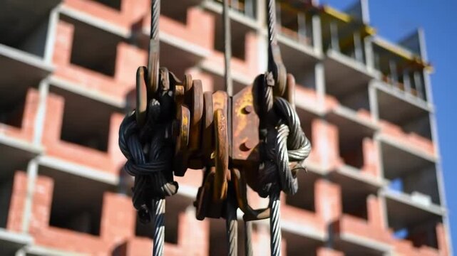 Construction site with cranes and equipment, focusing on rigging details
