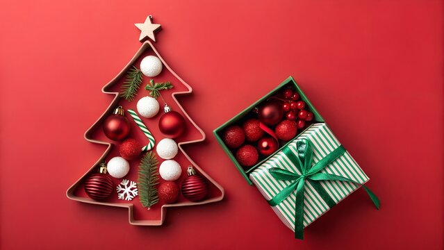 Festive christmas tree and gift box on a red background