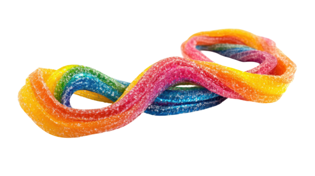 Colorful tasty rainbow sour belt with vibrant striped layers and sugar coating displayed in detailed candy treat view isolated on white background