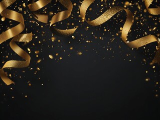 Elegant Golden Ribbon and Confetti on Dark Background for Festive Celebration