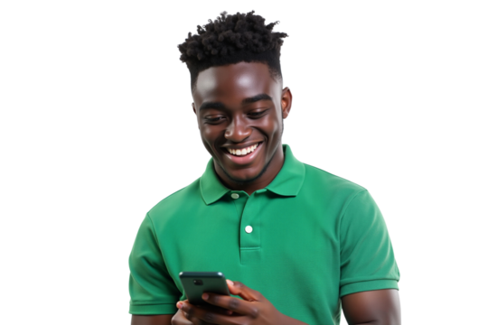Happy young Black man with polo shirt smiling while using smartphone isolated on transparent background - Powered by Adobe