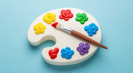 A birthday cake resembling a painter’s palette, decorated with edible paint blobs and a sugar brush, isolated on a pale pastel blue background.