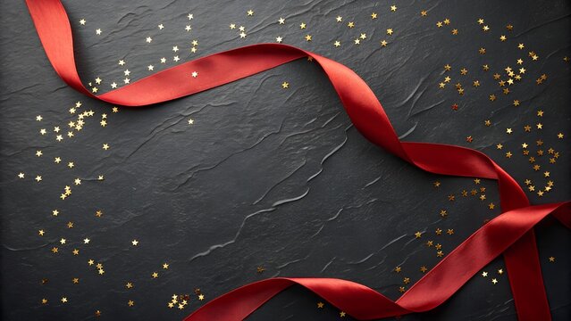 Elegant red ribbon and gold confetti on a dark textured background - Powered by Adobe