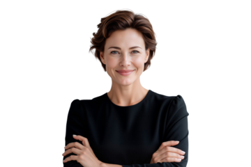 Elegant middle-aged businesswoman with short wavy hair, smiling confidently with crossed arms isolated on transparent background, png