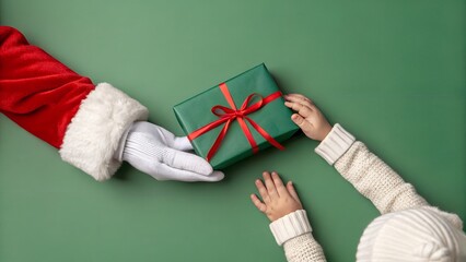 Santa claus giving a christmas gift to a child on green background