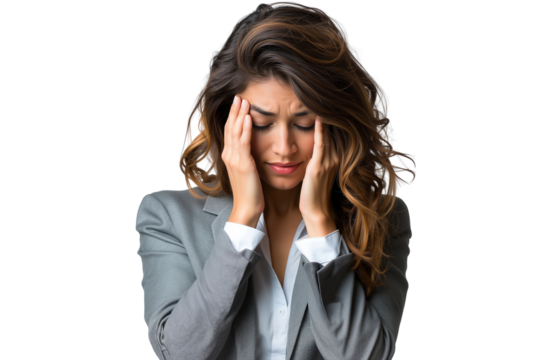 Stressed businesswoman holds her temples with a pained expression, suffering from a severe headache or migraine isolated on transparent background, png - Powered by Adobe