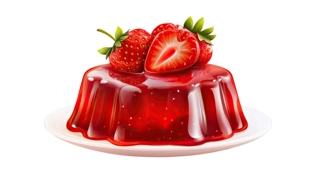 Sweet strawberry jelly dessert with smooth translucent texture and vibrant red color displayed in detailed appetizing view isolated on white background