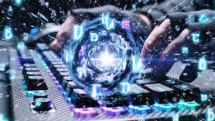 Close-up of gloved hands typing on a backlit mechanical keyboard with vibrant RGB lighting at night - Powered by Adobe