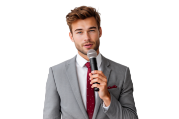 Confident young man holding a microphone and looking at the camera, ready to speak. Studio portrait isolated on transparent background, png