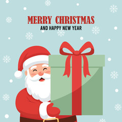 Smiling Santa Claus Holding Large Christmas Present with Merry Christmas and Happy New Year Text on Light Blue Snowflake Background