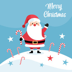 Full Body Santa Claus Holding Candy Cane on Snowy Mound with Stars and Merry Christmas Text on Blue Background