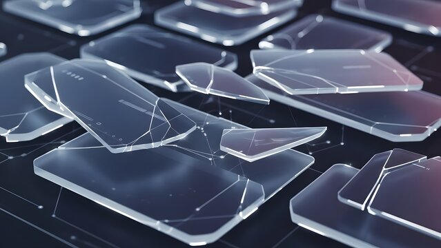 Shattered glass pieces scattered creating modern abstract design with fragmented geometric shapes