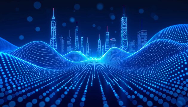 Futuristic digital cityscape with glowing blue data waves and wireless network