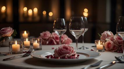 Elegant high-end romantic dinner setup featuring sparkling crystal wine glasses, red roses, and warm candlelight is arranged on a wooden table. Luxury concept