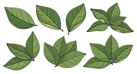 Fototapeta premium Collection of stylized green foliage elements drawn with distinct outlines and shading