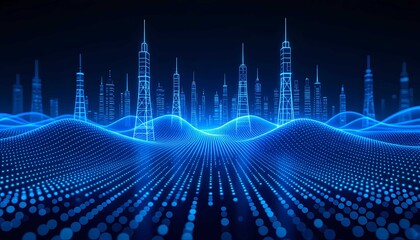 Abstract technology skyline featuring cellular signal patterns and dynamic cyber communication