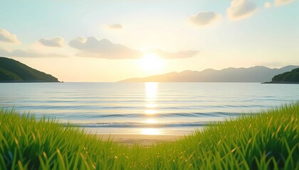 Peaceful sunset over the ocean with lush grass in the foreground. Golden hour sunlight reflection on the sea. Scenic tropical beach landscape ideal for vacation