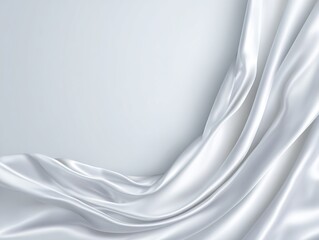 Elegant Silver Satin Fabric Draping Over a Soft Gray Background in Smooth Wave Design with Subtle Shadows for Fashion and Interior Design