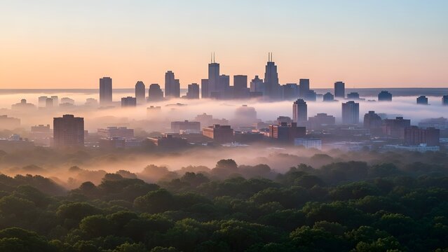 Fog shrouded cityscape at sunrise with forest in the foreground