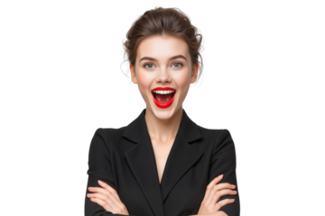 Surprised young businesswoman with wide-open mouth and red lipstick, wearing a black blazer with crossed arms isolated on transparent background, png