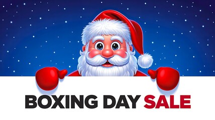 Boxing day sale banner with cartoon santa and festive winter background