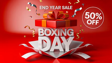 Boxing day sale promotion with gift box and festive red background
